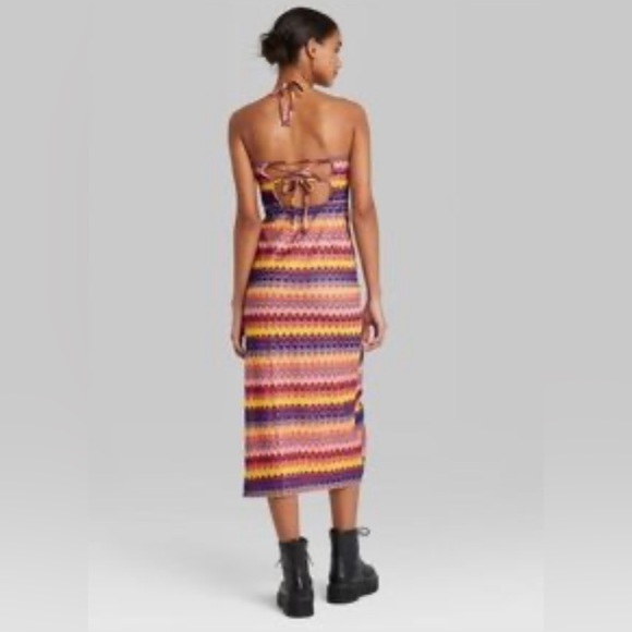 Wild fable Multicolored Crocheted fully lined halter slip midi dress corset back - Picture 2 of 9